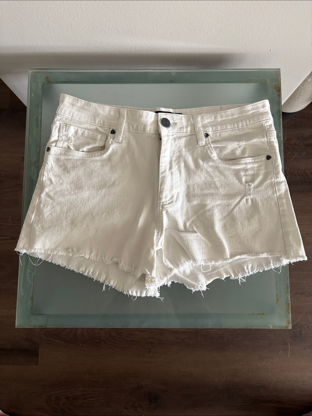 Kut from the Kloth white denim distressed jean shorts